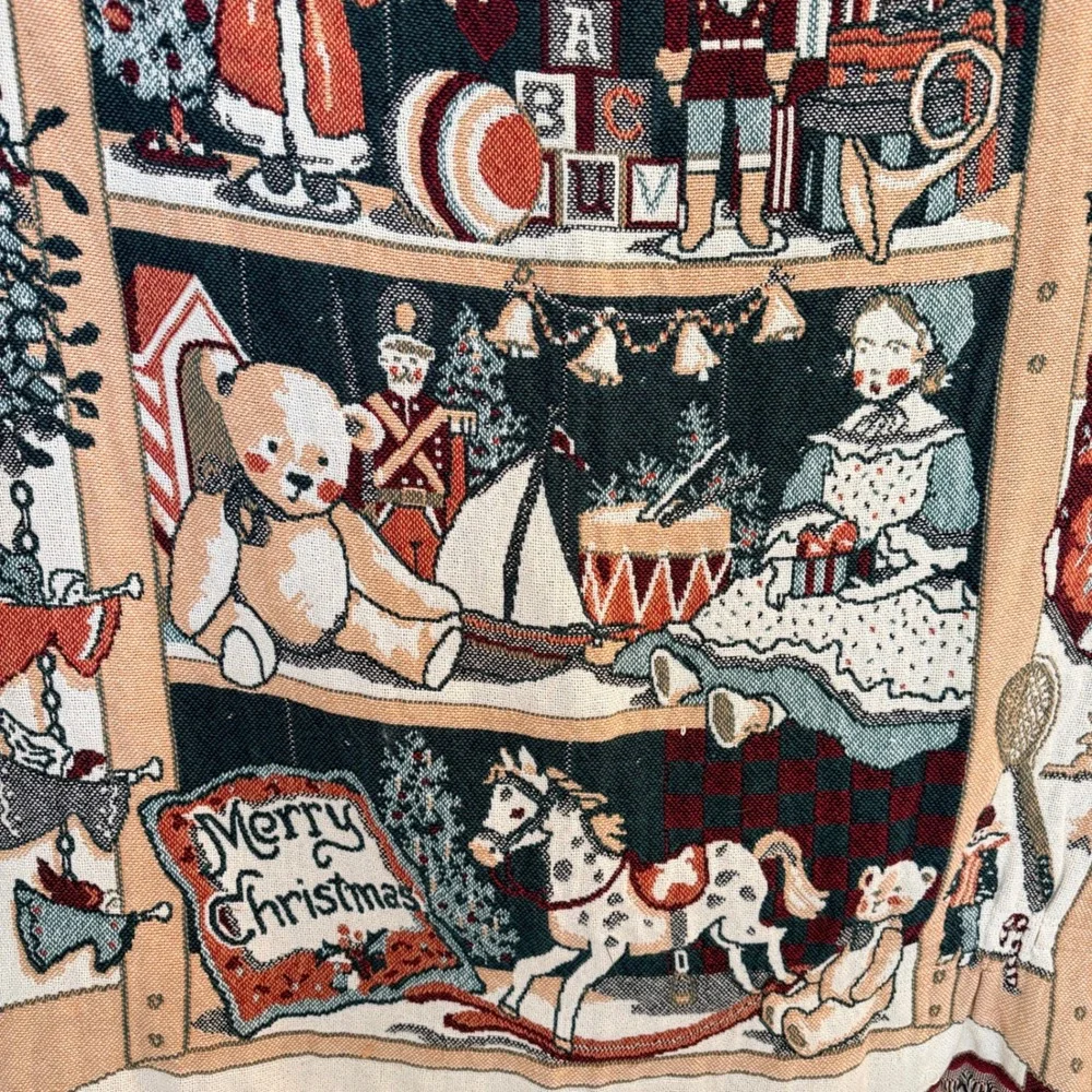 Vintage Christmas Antique Toys Tapestry Throw Blanket Afghan 68x45 Cotton 1990s
